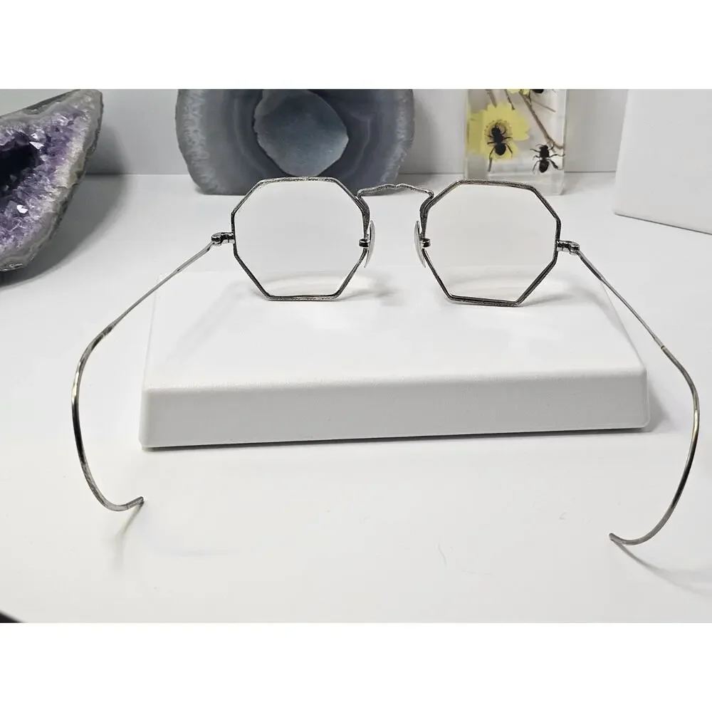 Art Deco Cortland White Gold Filled Octagon Framed Glasses - 10K White Gold Pads